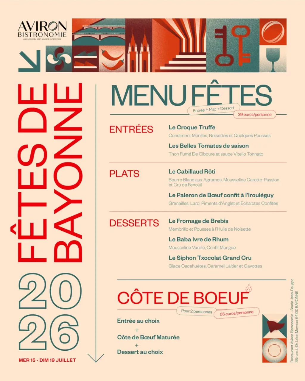 Menu des Fetes de Bayonne 2026 de l Aviron Bistronomie a 39 euros